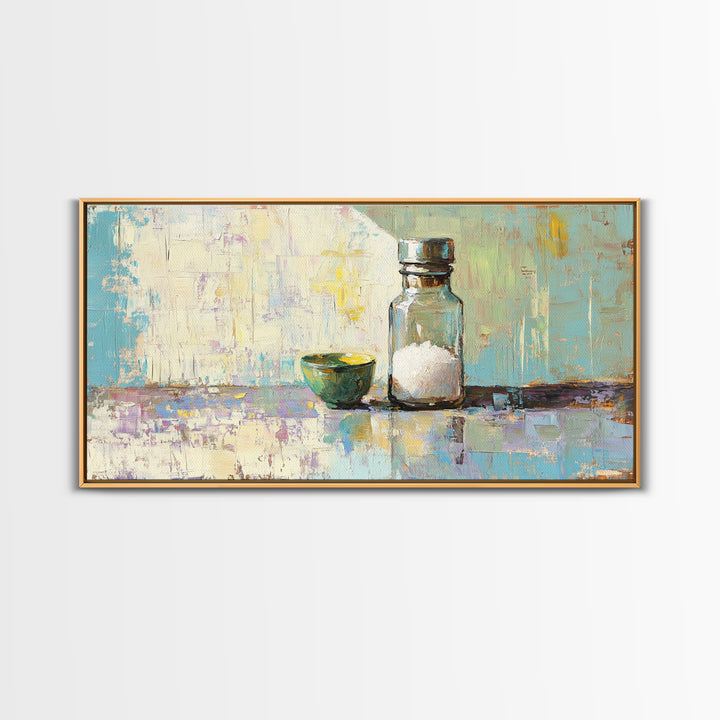 Sunlit Salt Bottle And Green Bowl Canvas Print, Minimalist Kitchen Wall Art, Coastal Neutral Decor, Modern Home Decor Gift