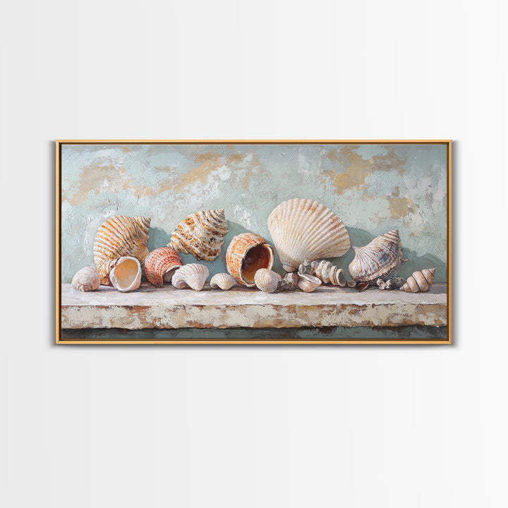 Neutral Seashell Still Life Framed Canvas Print, Coastal Wall Art, Beach House Decor, Ocean Wall Decor, Large Art Print Gift