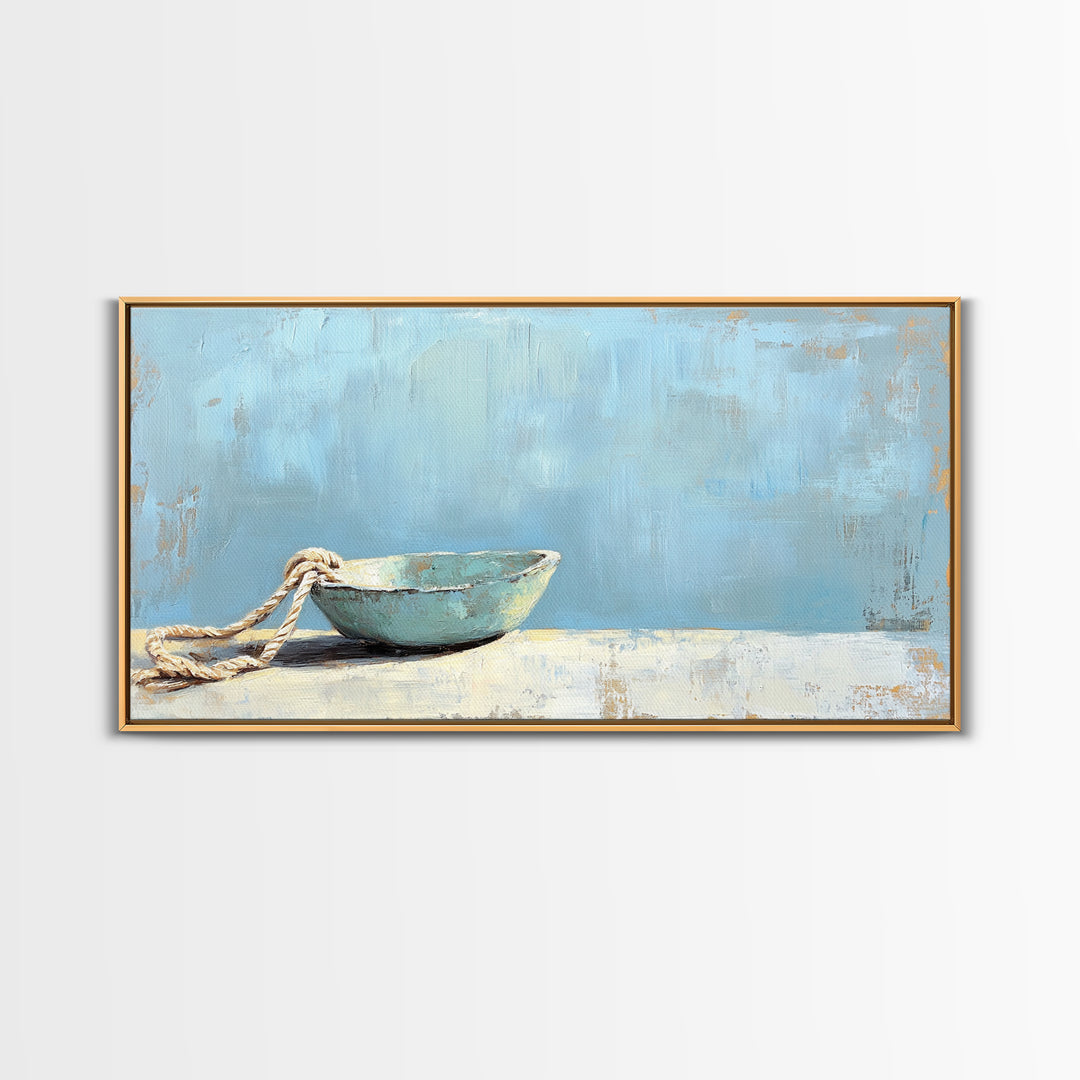 Weathered Blue Bowl With Rope Nautical Wall Art, Coastal Home Decor, Beach House Canvas Print, Minimalist Ocean Wall Decor