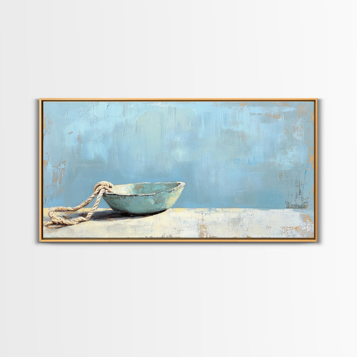 Weathered Blue Bowl With Rope Nautical Wall Art, Coastal Home Decor, Beach House Canvas Print, Minimalist Ocean Wall Decor