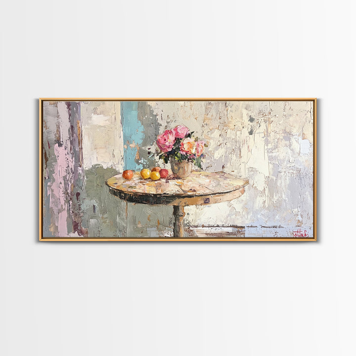 Round Cafe Table With Roses And Fruit Wall Art, French Country Kitchen Decor, Floral Still Life Canvas Print, Housewarming Gift