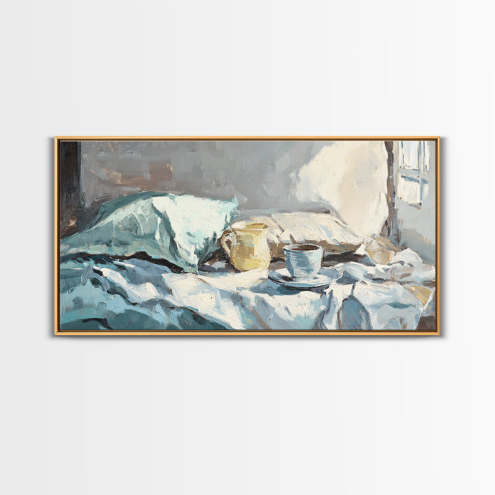Morning Coffee In Bed With Blue Linens Wall Art, Cozy Bedroom Canvas Print, Guest Room Decor, Above Bed Art Gift For Her