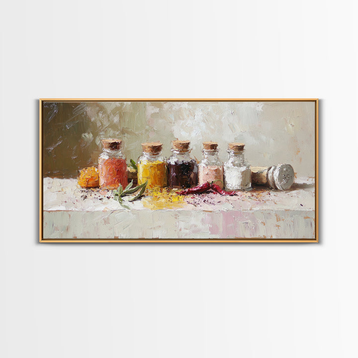 Kitchen Spice Bottles With Chili And Herbs Wall Art, Rustic Canvas Print, Foodie Kitchen Decor, Dining Room Art Gift For Chef