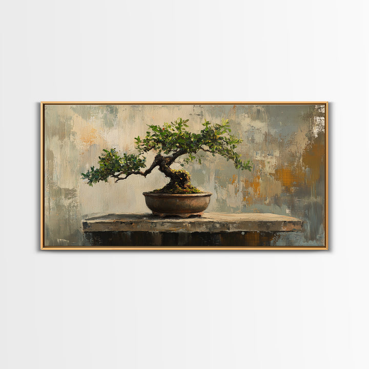 Textured Bonsai Tree In Rustic Pot Framed Canvas Print, Japandi Zen Home Decor, Nature Wall Art, Office Decor Housewarming Gift