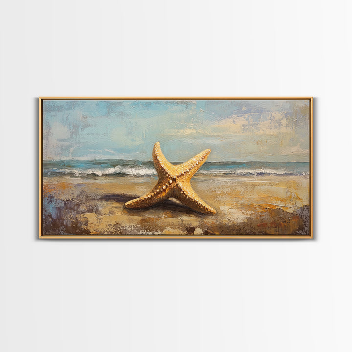 Golden Starfish On Sandy Beach Canvas Print, Coastal Wall Art, Ocean Wall Decor, Beach House Decor, Summer Home Decor Gift