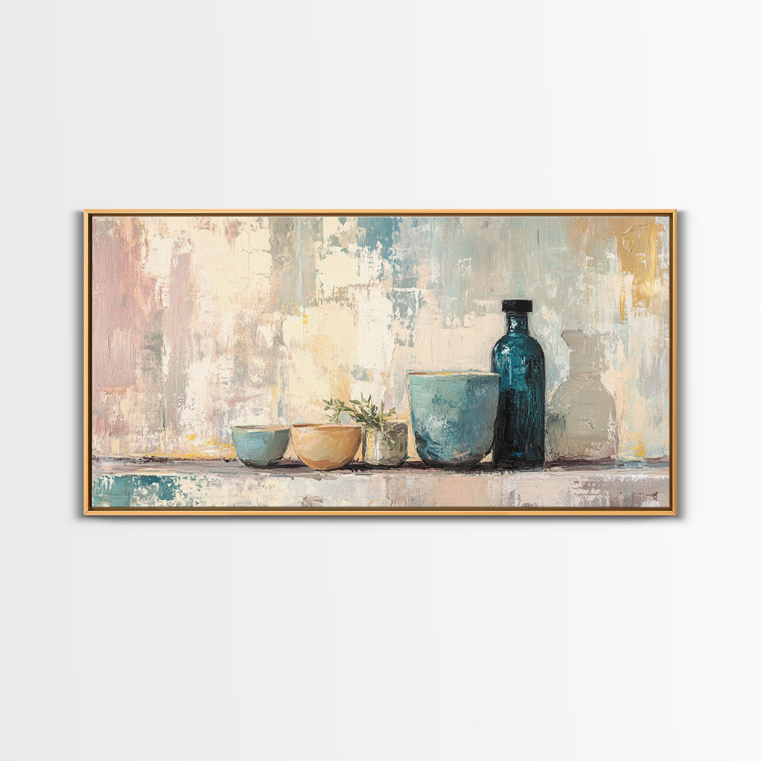 Blue Glass Bottle And Ceramic Bowls Wall Art, Minimalist Kitchen Decor, Neutral Still Life Art Print, Modern Home Decor Gift