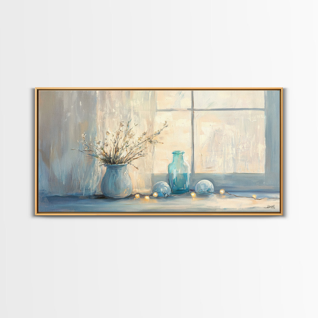 Soft Blue Window Still Life With Vase Canvas Print, Calming Wall Art, Cozy Bedroom Decor, Neutral Home Decor Gift For Her