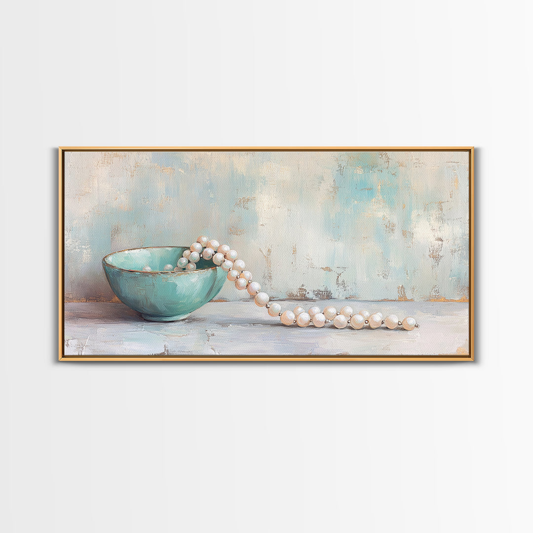 Turquoise Bowl With Pearl Strand Wall Art, Feminine Still Life Art Print, Coastal Bathroom Decor, Elegant Home Decor Gift