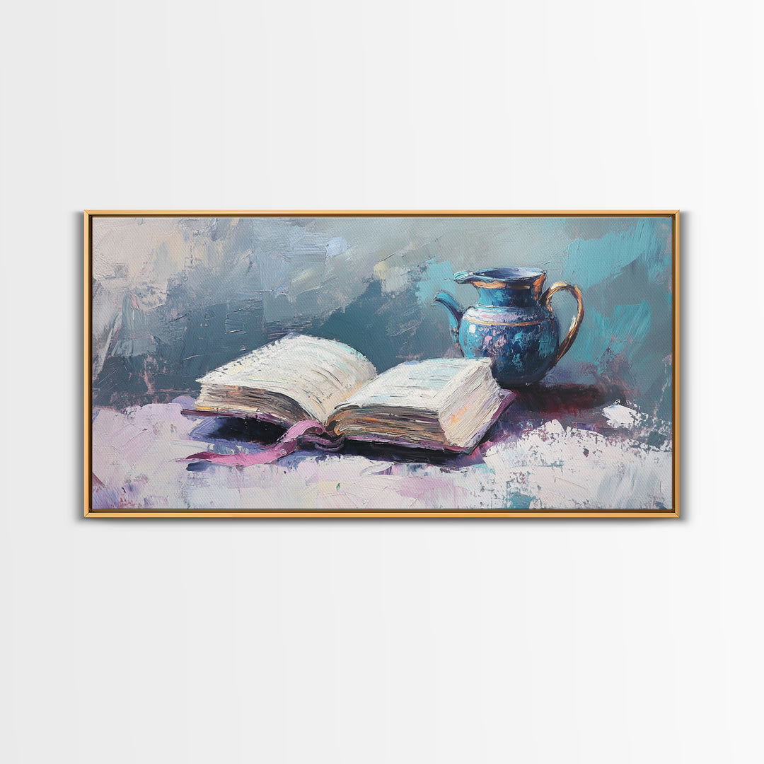 Open Book And Blue Pitcher Wall Art, Cozy Library Home Decor, Reading Nook Art Print, Book Lover Framed Canvas Print Gift