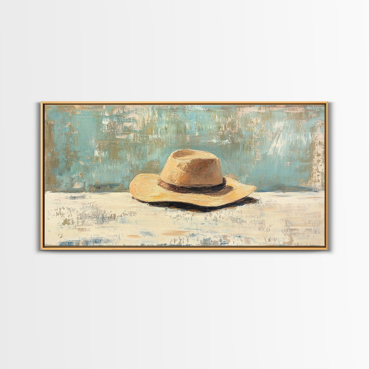 Rustic Straw Cowboy Hat Wall Art, Western Home Decor, Farmhouse Country Art Print, Masculine Framed Canvas Print Gift For Him