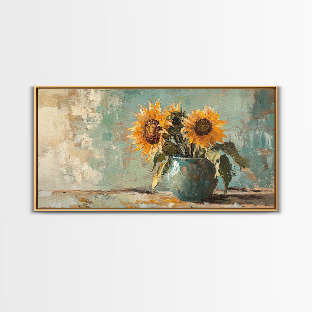 Sunflowers In Turquoise Pitcher Wall Art, Rustic Floral Decor, Country Kitchen Art Print, Farmhouse Framed Canvas Print Gift