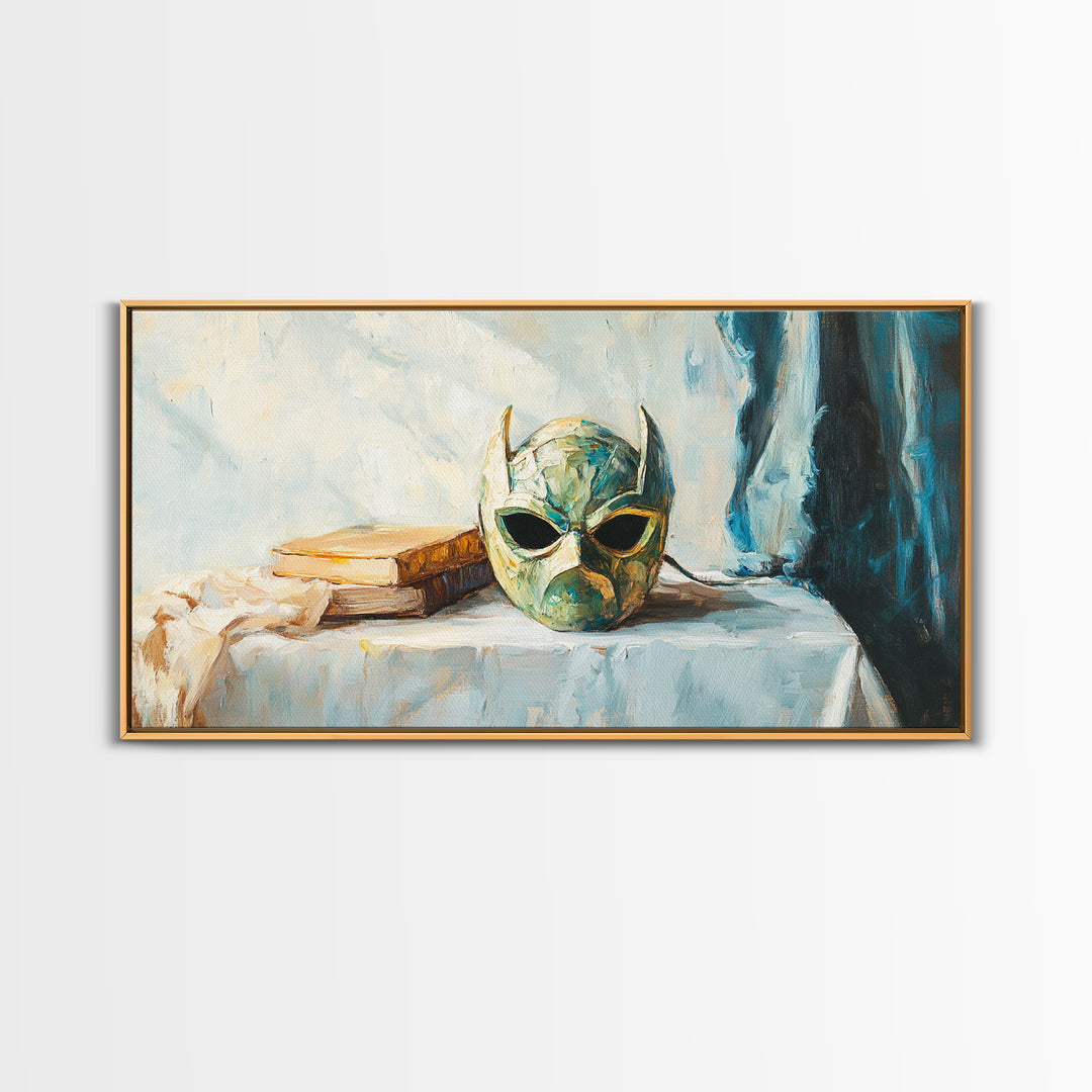 Green Masquerade Mask And Books Wall Art, Gothic Library Decor, Fantasy Dark Academia Art Print, Framed Canvas Print Gift