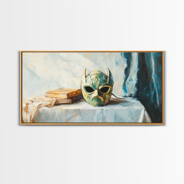 Green Masquerade Mask And Books Wall Art, Gothic Library Decor, Fantasy Dark Academia Art Print, Framed Canvas Print Gift