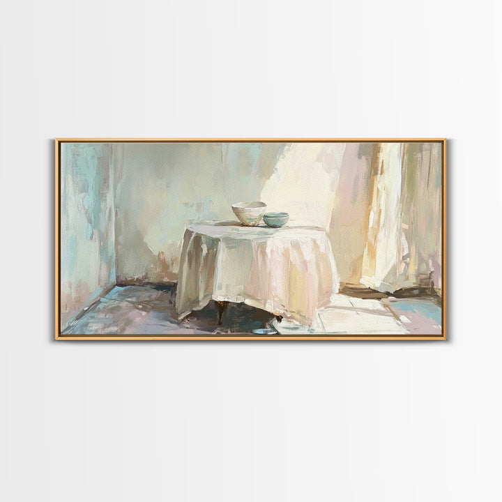 Sunlit Table With Teacups Wall Art, Minimalist Neutral Decor, Cozy Dining Room Art Print, Japandi Framed Canvas Print Gift