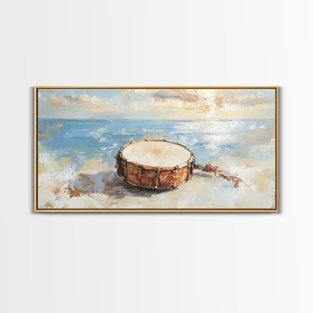 Weathered Beach Drum At Sunrise, Coastal Seascape Framed Canvas Print, Ocean Wall Art, Nautical Decor, Beach House Decor Gift