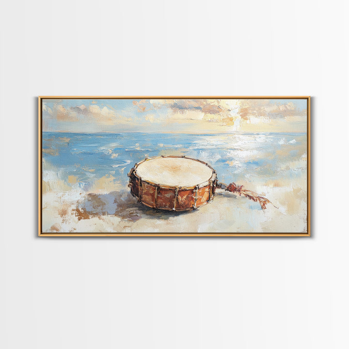 Weathered Beach Drum At Sunrise, Coastal Seascape Framed Canvas Print, Ocean Wall Art, Nautical Decor, Beach House Decor Gift