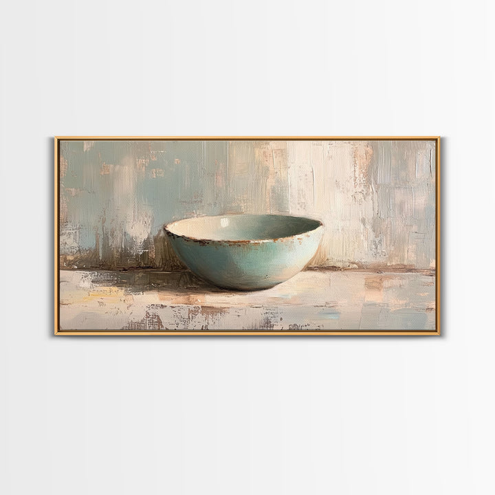 Turquoise Ceramic Bowl Still Life, Minimalist Framed Canvas Print, Neutral Wall Art, Wabi Sabi Decor, Modern Kitchen Art