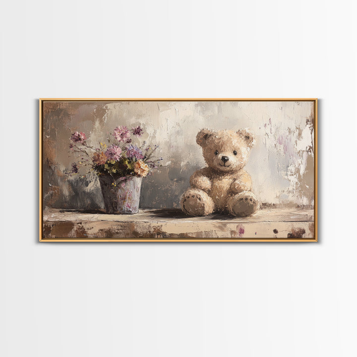 Teddy Bear With Wildflowers, Sweet Nursery Framed Canvas Print, Whimsical Wall Art, Kids Room Decor, Cute Baby Shower Gift