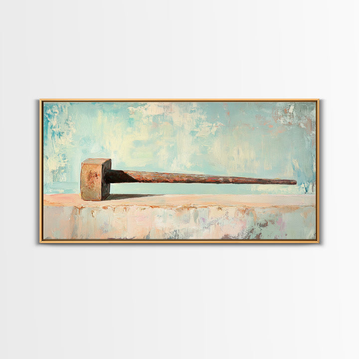 Rusty Hammer On Pale Blue Shelf Wall Art, Industrial Tool Canvas Print, Garage Decor, Workshop Office Decor, Gift For Him