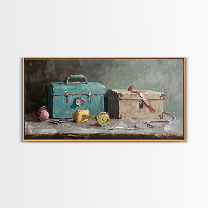Turquoise Toolbox And Cardboard Box Wall Art, Industrial Still Life Canvas Print, Garage Decor, Workshop Office Decor, Gift For Him