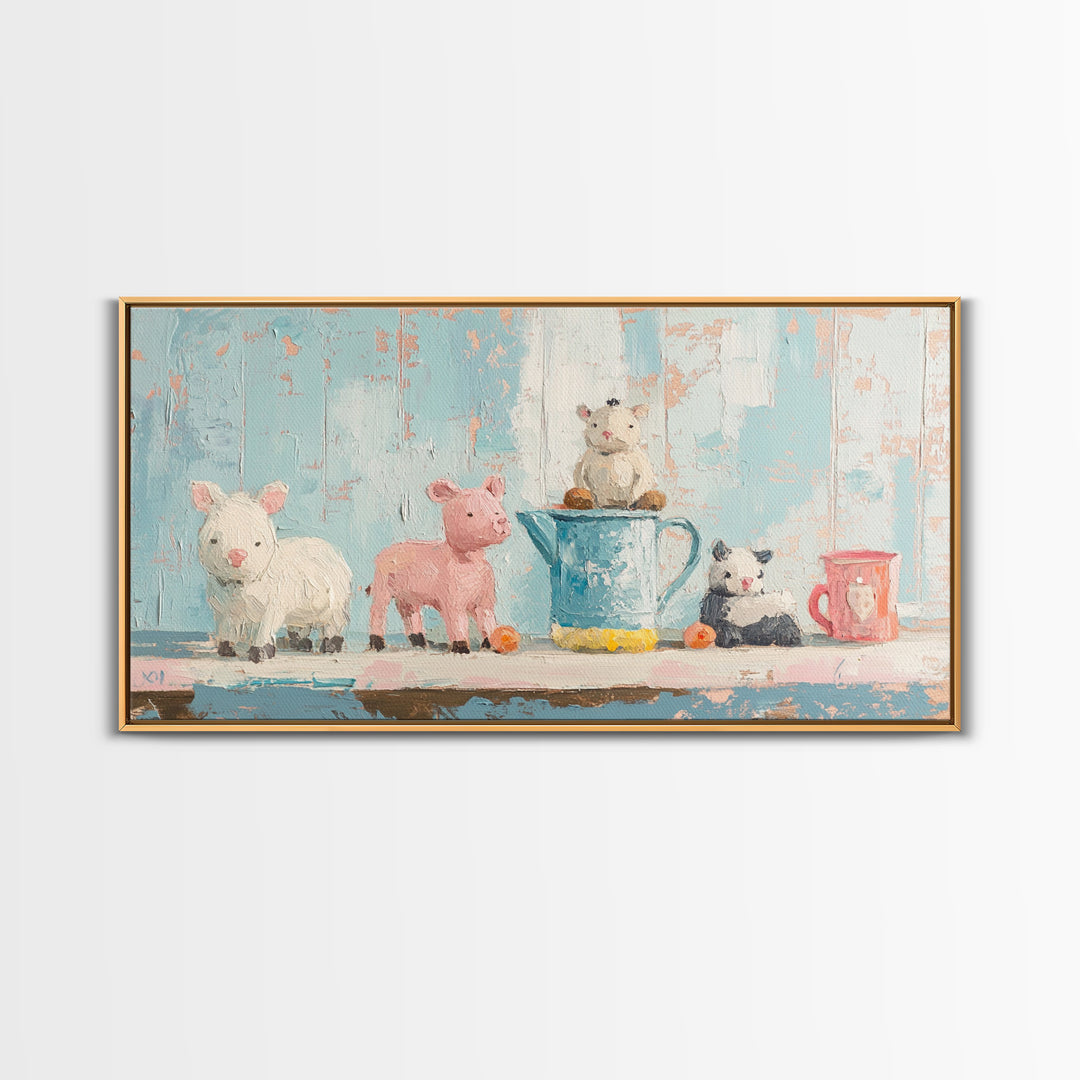 Sweet Farm Animal Toys On Shelf Wall Art, Whimsical Nursery Canvas Print, Kids Room Decor, Baby Animal Art, Gift, Playroom Decor
