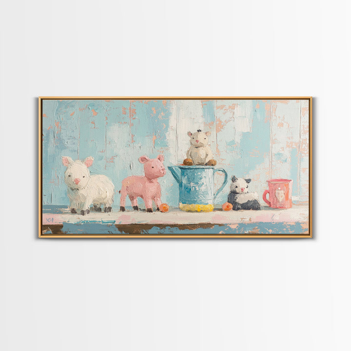 Sweet Farm Animal Toys On Shelf Wall Art, Whimsical Nursery Canvas Print, Kids Room Decor, Baby Animal Art, Gift, Playroom Decor