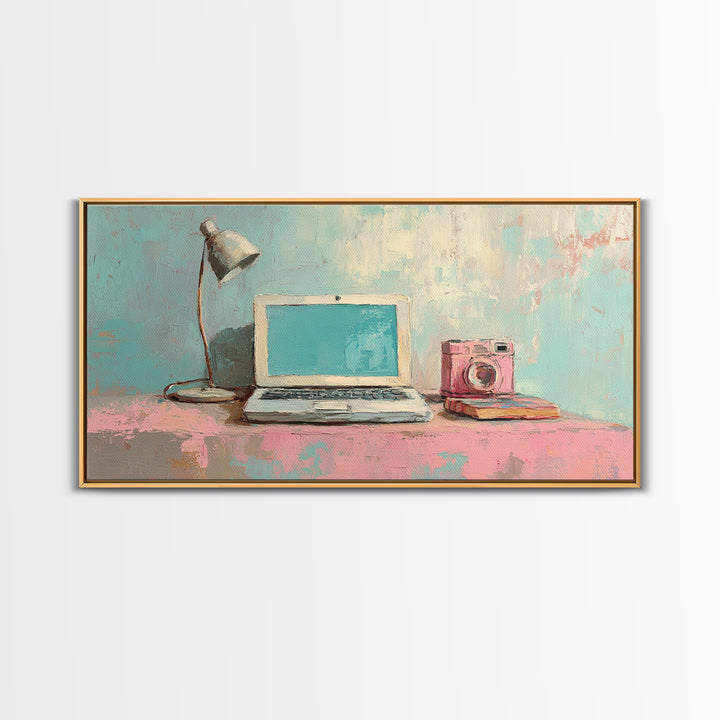 Pastel Laptop Lamp And Camera Desk Wall Art, Home Office Decor, Tech Lover Art Print, Modern Study Room Canvas Print For Apartment Decor