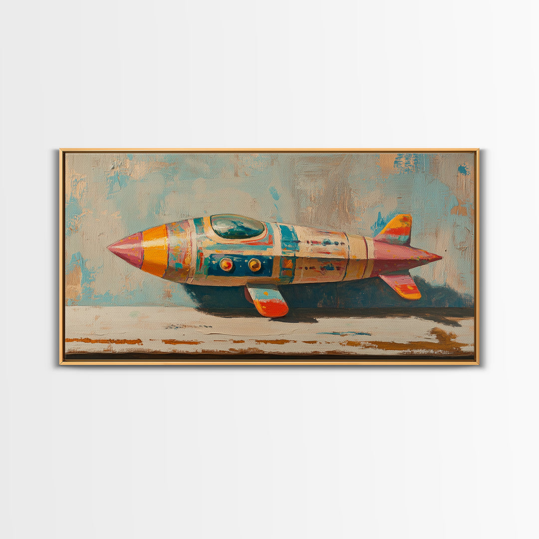 Retro Tin Toy Rocket Framed Canvas Print, Space Wall Art, Sci Fi Nursery Decor, Boys Room Art Gift For Space Lover Retro Space Decor