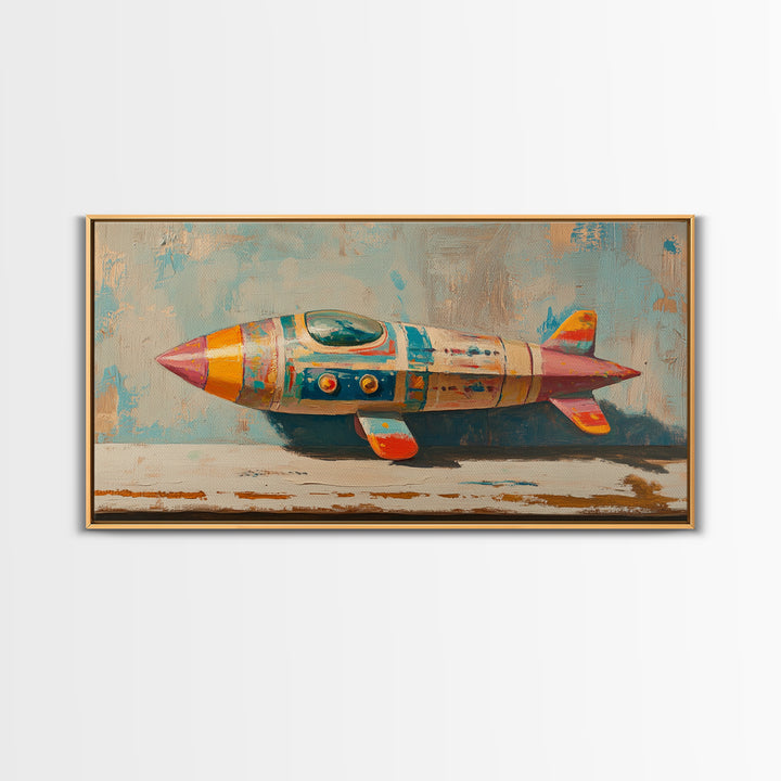Retro Tin Toy Rocket Framed Canvas Print, Space Wall Art, Sci Fi Nursery Decor, Boys Room Art Gift For Space Lover Retro Space Decor