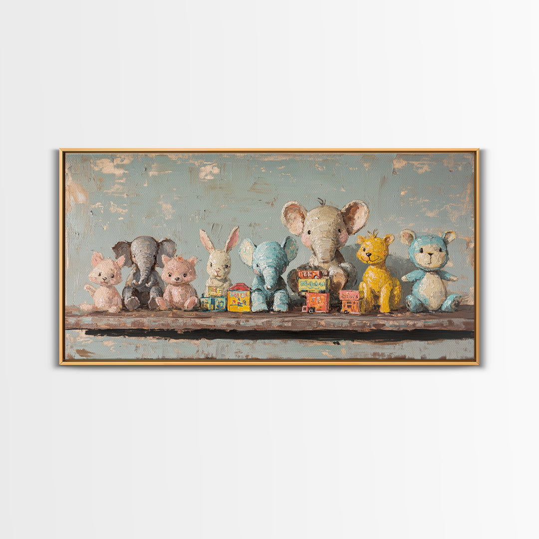 Stuffed Animal Shelf Framed Canvas Print, Nursery Wall Art, Kids Room Decor, Safari Animal Art, Whimsical Baby Shower Gift