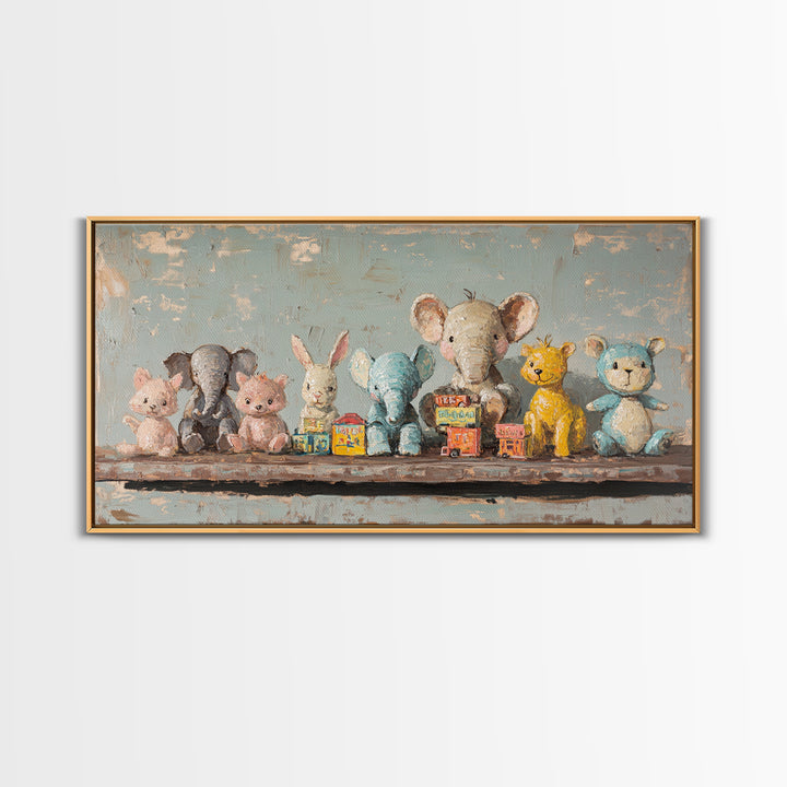 Stuffed Animal Shelf Framed Canvas Print, Nursery Wall Art, Kids Room Decor, Safari Animal Art, Whimsical Baby Shower Gift