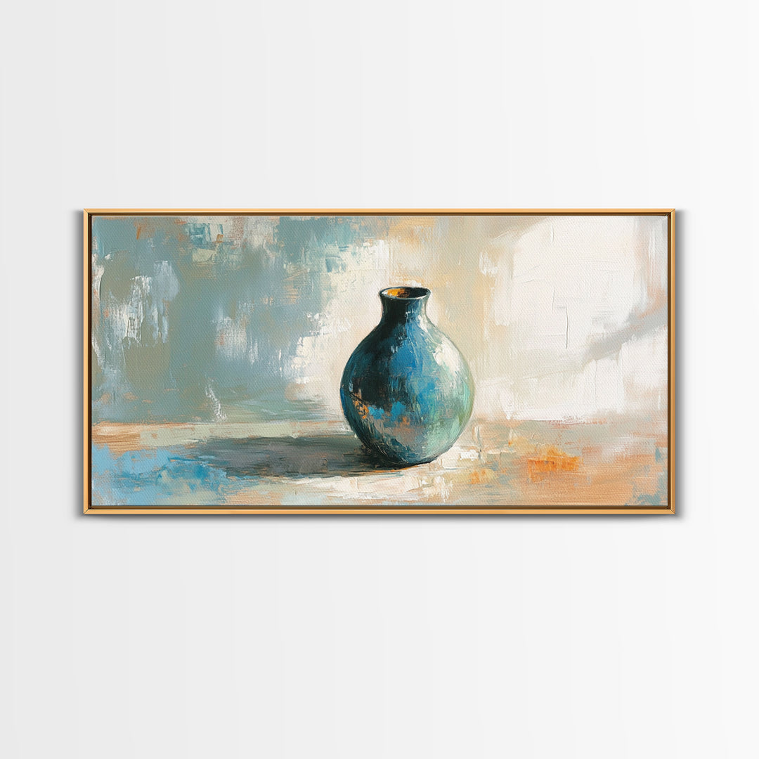 Turquoise Ceramic Vase Still Life Framed Canvas Print, Neutral Wall Art, Modern Home Decor, Living Room Decor, Housewarming Gift