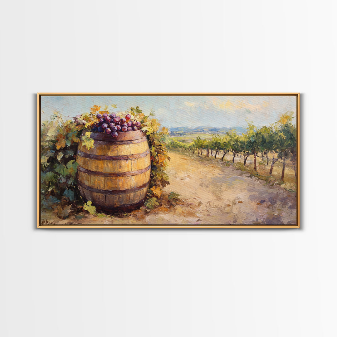 Wine Barrel And Grapes Vineyard Landscape Canvas Print, Winery Wall Art, Rustic Kitchen Decor, French Country Decor, Gift For Wine Lover
