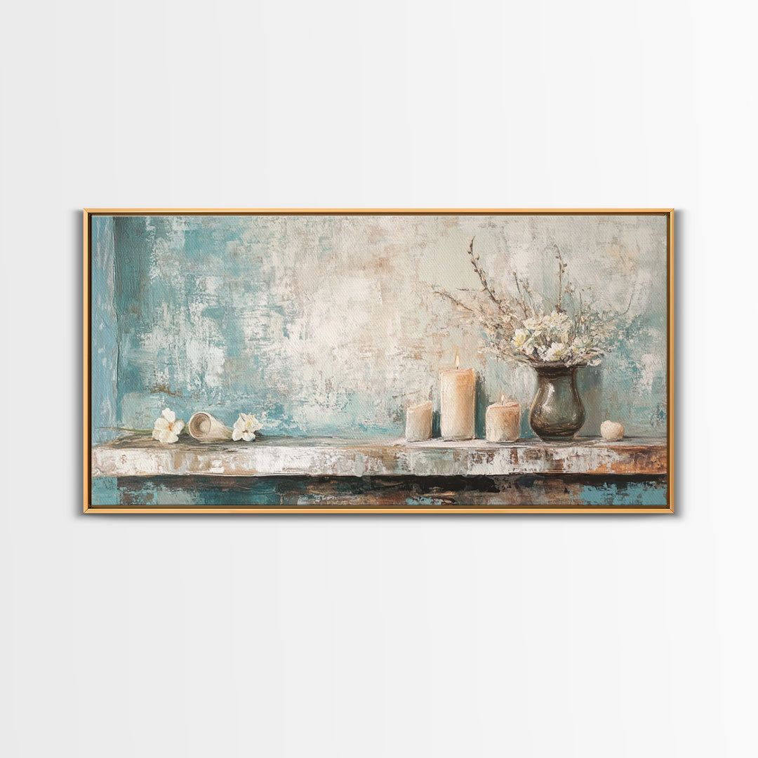 Candles Flowers And Seashell Still Life Canvas Print, Coastal Wall Art, Spa Decor, Neutral Bathroom Decor, Calming Wall Art