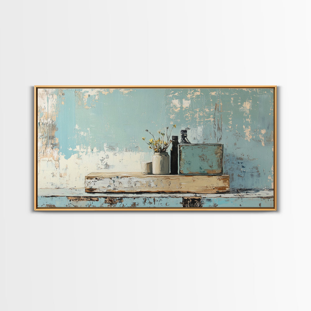 Rustic Blue Shelf Still Life Wall Art, Textured Coastal Farmhouse Kitchen Decor, Neutral Living Room Art Print, Housewarming Gift