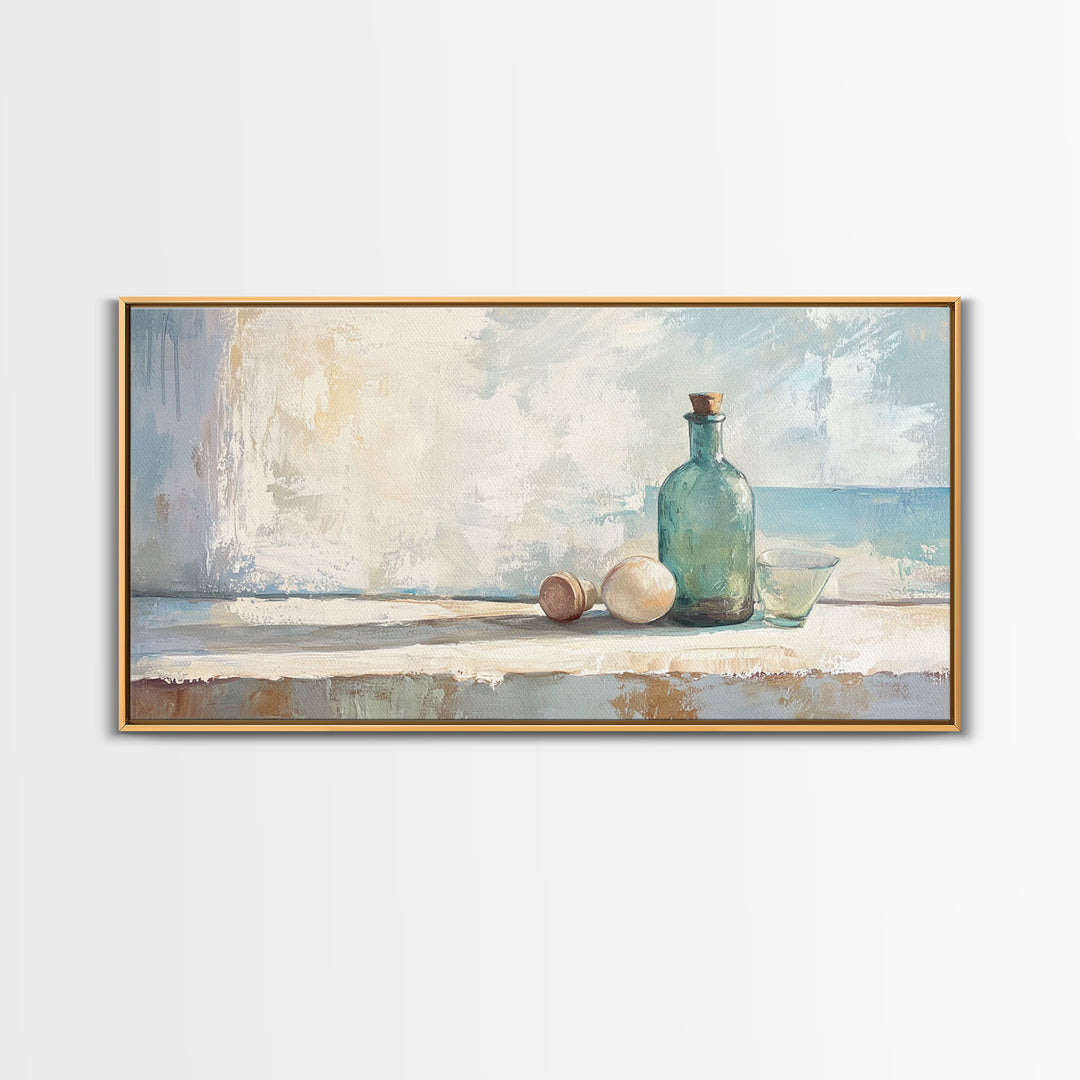 Sea Glass Bottle And Eggs Wall Art, Minimalist Coastal Kitchen Decor, Neutral Still Life Canvas Print, Beach House Decor Gift