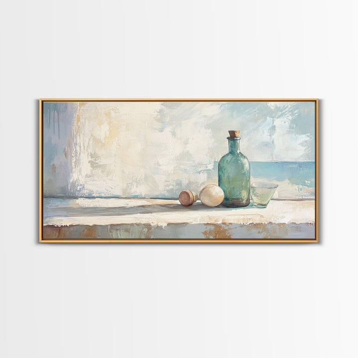 Sea Glass Bottle And Eggs Wall Art, Minimalist Coastal Kitchen Decor, Neutral Still Life Canvas Print, Beach House Decor Gift