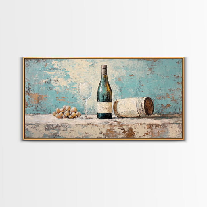 Wine Bottle With Glass And Grapes Canvas Print, Winery Kitchen Wall Art, Rustic Bar Cart Decor, Vineyard Housewarming Gift