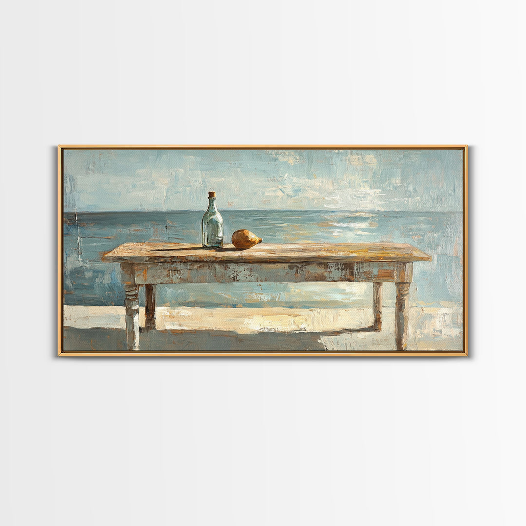 Weathered Seaside Table With Bottle Canvas Print, Coastal Wall Art, Beach House Decor, Ocean Painting, Nautical Living Room Decor