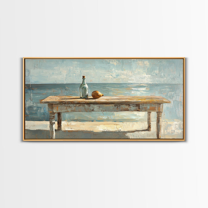Weathered Seaside Table With Bottle Canvas Print, Coastal Wall Art, Beach House Decor, Ocean Painting, Nautical Living Room Decor