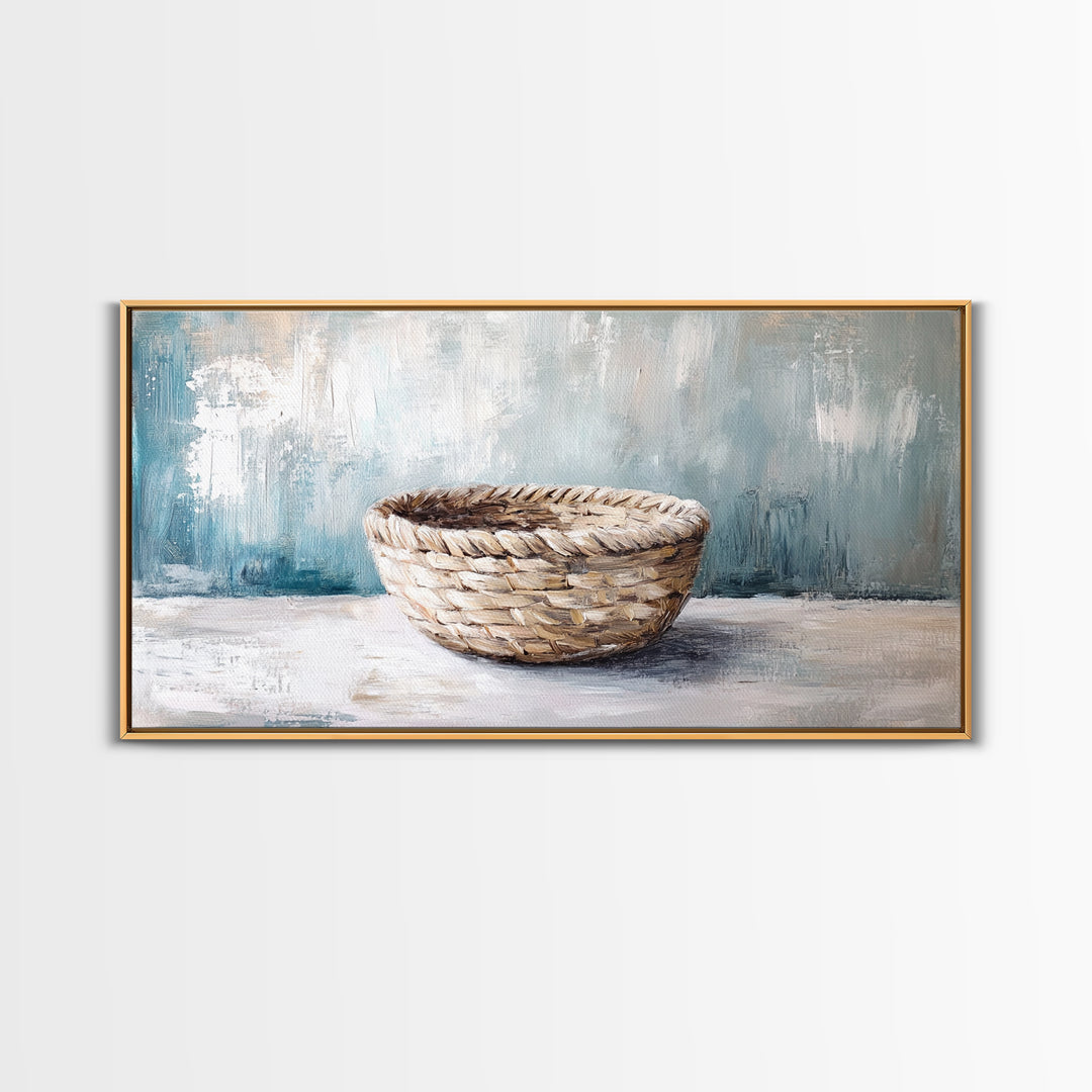 Handwoven Basket Still Life Canvas Print, Rustic Wall Art, Neutral Farmhouse Decor, Wabi Sabi Art, Cozy Kitchen Decor Gift