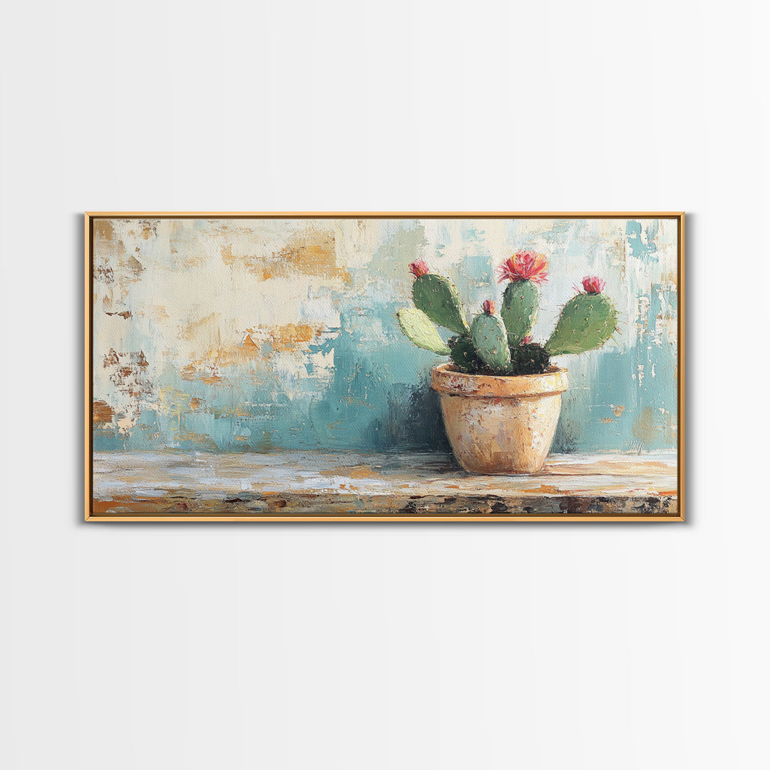 Potted Prickly Pear Cactus With Pink Flowers Canvas Print, Desert Wall Art, Southwest Decor, Botanical Kitchen Decor Gift