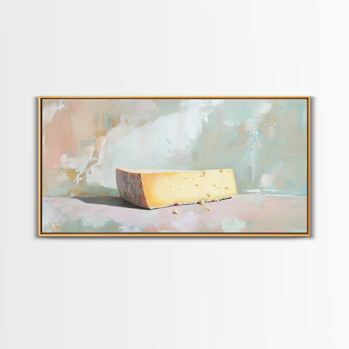 Minimal Cheese Wedge Still Life Wall Art, Pastel Kitchen Decor, Food Art Print, Modern Farmhouse Canvas, Gift For Foodie
