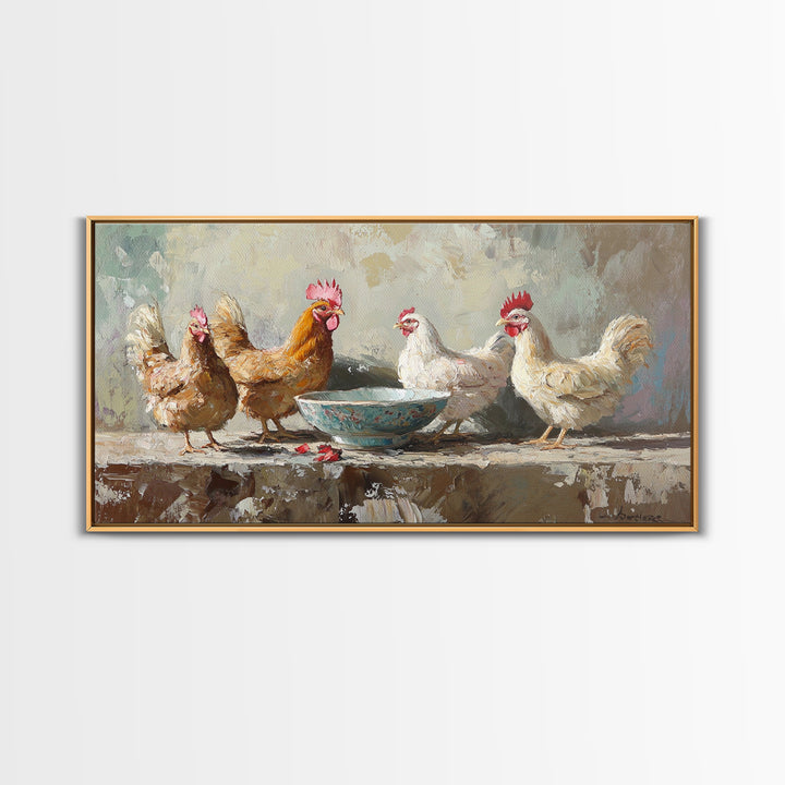 Rustic Farm Chickens And Blue Bowl Wall Art, Farmhouse Canvas Print, Country Kitchen Decor, Animal Wall Art, Housewarming Gift