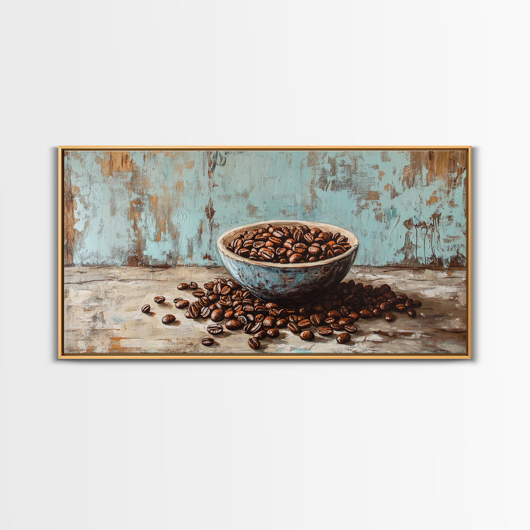 Coffee Beans In Weathered Blue Bowl Wall Art, Coffee Bar Canvas Print, Rustic Kitchen Decor, Cafe Wall Art, Gift For Coffee Lover