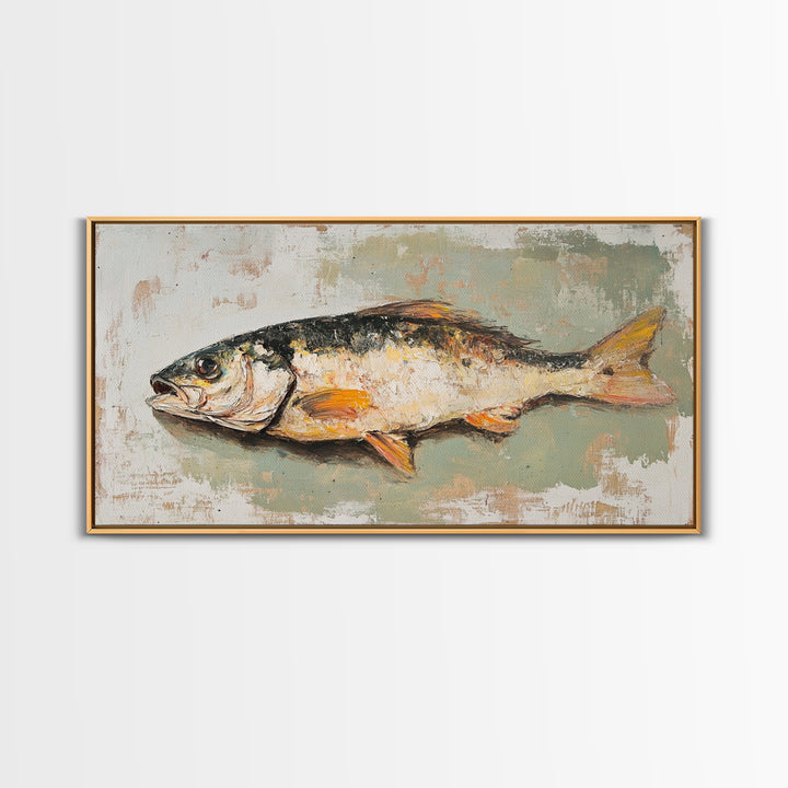 Rustic Fish Still Life Canvas Print, Coastal Kitchen Wall Art, Seafood Wall Decor, Nautical Home Decor For Lake House Gift