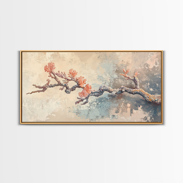 Pink Coral Branch Coastal Wall Art, Textured Ocean Art Print, Beach House Decor, Serene Neutral Canvas Print, Nautical Wall Decor
