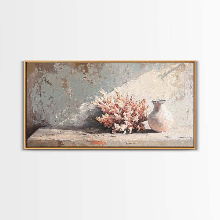 Soft Coral Bouquet And Ceramic Vase Wall Art, Coastal Still Life Print, Neutral Beach House Decor, Modern Home Decor Gift