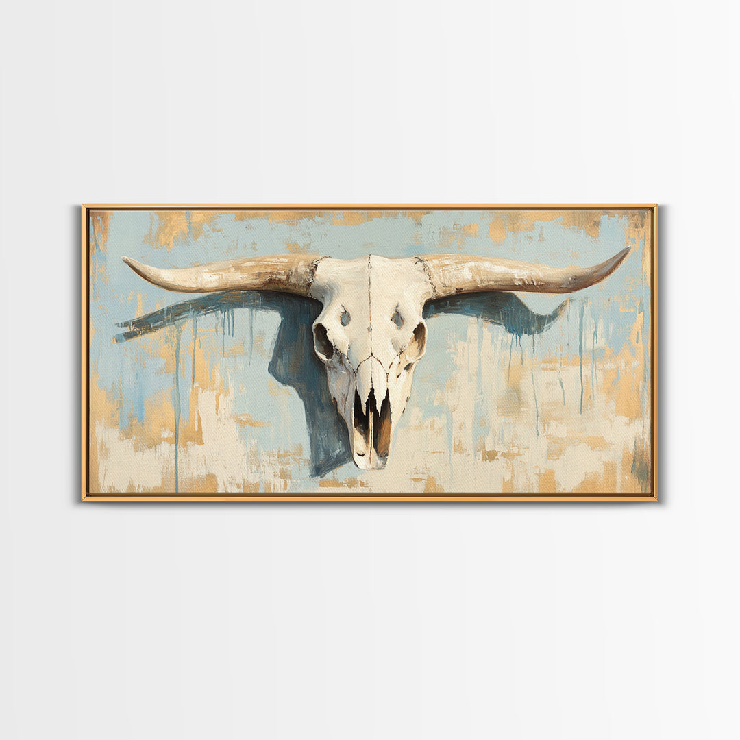 Longhorn Skull On Rustic Blue Plaster Wall Art, Western Ranch Decor, Southwestern Home Decor, Cowboy Canvas Art Print Gift