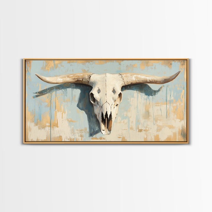 Longhorn Skull On Rustic Blue Plaster Wall Art, Western Ranch Decor, Southwestern Home Decor, Cowboy Canvas Art Print Gift